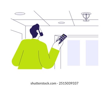 Fire sprinkler system abstract concept vector illustration. Man with remote control checking fire sprinkler, sustainable energy sources, smart home technology, safety sensor abstract metaphor.