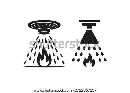 Fire sprinkler system extinguishing flame icon set - Automatic fire suppression water spray symbol