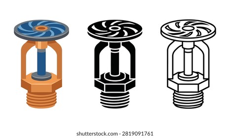 Fire sprinkler system nozzle icons set presented in colored flat solid silhouette and thin line art for safety equipment.