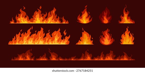 Fire sprite set. Icons or stickers with different fire flames, blazes, and burning borders. Hot light effect elements. Cartoon hand drawn vector illustration collection isolated on background