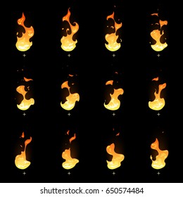 Fire Sprite Sheet. Cartoon Vector Flame Game Animation.