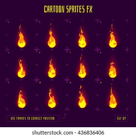 Fire sprites or animation frames icons. Use in game development, mobile games or motion graphic. Vector illustration.