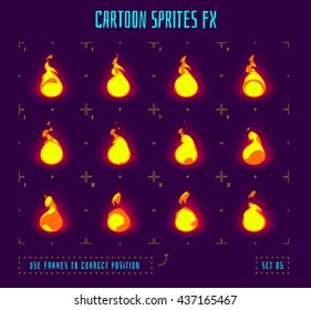 Fire sprites or animation frames icons. Use in game development, mobile games or motion graphic. Vector illustration.