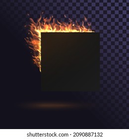 Fire square frame, black blank square template with burning corner