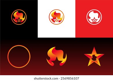 Fire and Star logo design minimalist vector with circle border. Gradient Red and Yellow Colour. Suitable for gaming logo, metal logo etc