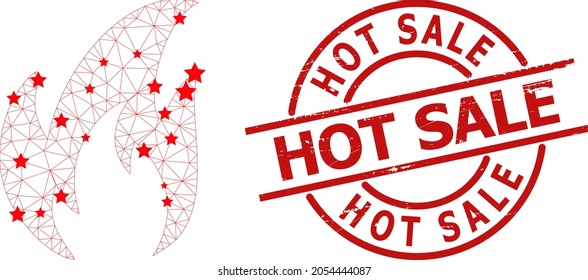 Fire star mesh and grunge Hot Sale seal stamp. Red seal with scratched surface and Hot Sale slogan inside round shape. Hot Sale stamp seal uses circle form, red color.