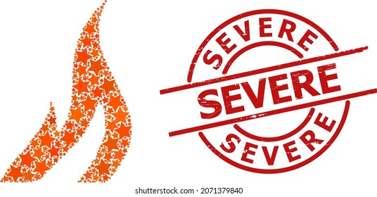 Fire star mosaic and grunge Severe seal stamp. Red watermark with corroded style and Severe phrase inside circle. Abstract fire mosaic is done with scattered flat star icons.
