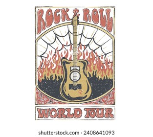 Fire and star music poster design. Rock and roll vintage print design. Guitar vector artwork for apparel, stickers, posters, background and others. Spider net artwork. Rock star vintage artwork.