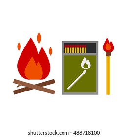 Fire starter kit. Matchbox, matchstick and bonfire vector icons.