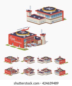 Fire station. 3D lowpoly isometric vector illustration. The set of objects isolated against the white background and shown from different sides