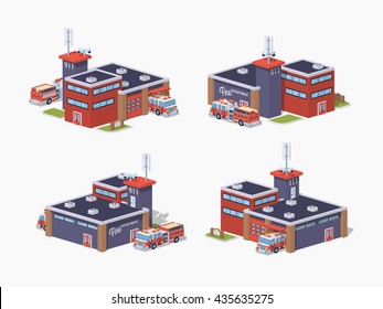 Fire station. 3D lowpoly isometric vector illustration. The set of objects isolated against the white background and shown from different sides