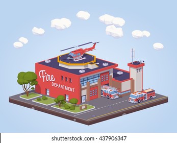 Fire Station. 3D Lowpoly Isometric Vector Illustration