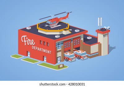 Fire Station Against The Blue Background. 3D Lowpoly Isometric Vector Illustration