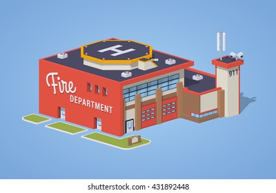 Fire station against the blue background. 3D lowpoly isometric vector illustration