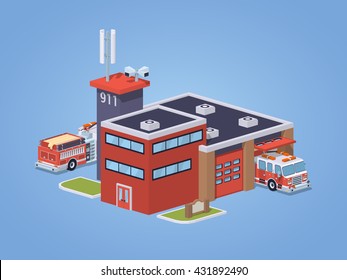 Fire station against the blue background. 3D lowpoly isometric vector illustration