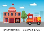 Fire station building background for children birthday theme with fire truck. Flat vector design cartoon