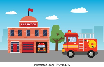 Fire station building background for children birthday theme with fire truck. Flat vector design cartoon