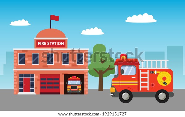 Fire station building\
background for children birthday theme with fire truck. Flat vector\
design cartoon