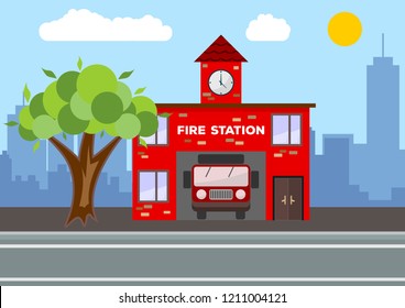 Fire station building. City landscape concept. Flat design. Vector illustration.