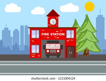 Fire station building. City landscape concept. Flat design. Vector illustration.