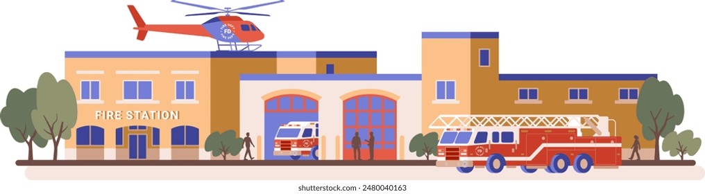 Ilustración vectorial de color del edificio de la estación de bomberos. Camión y helicóptero del departamento aislados sobre fondo blanco. Gráficos planos de dibujos animados de vehículos de departamento y rescate. Concepto de Anuncio panorámico o Horizontal.