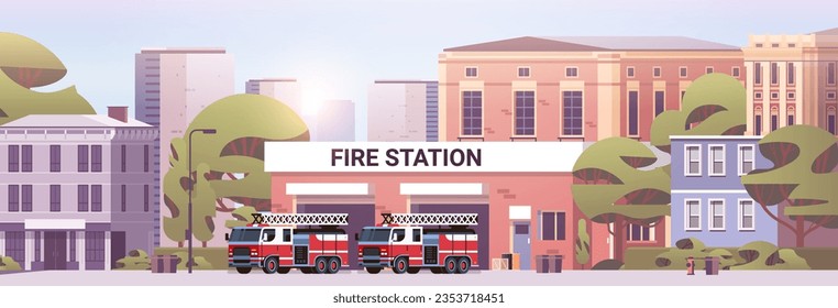 Fire station building fire department house facade and red emergency vehicle horizontal