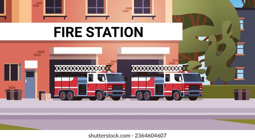 Fire station building fire department house facade and red emergency vehicle horizontal