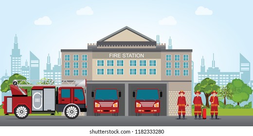 Fire station building with emergency vehicle fire engine truck and fire man,flat design vector illustration. 