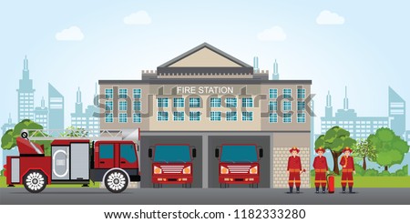 Fire station building with emergency vehicle fire engine truck and fire man,flat design vector illustration. 