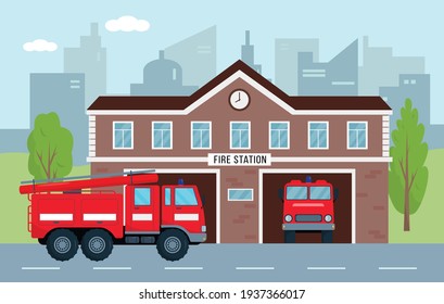 Fire station building with fire engines in city. Fire department house facade and red emergency vehicle. Emergency service concept. Vector illustration.