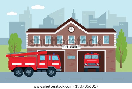 Fire station building with fire engines in city. Fire department house facade and red emergency vehicle. Emergency service concept. Vector illustration.