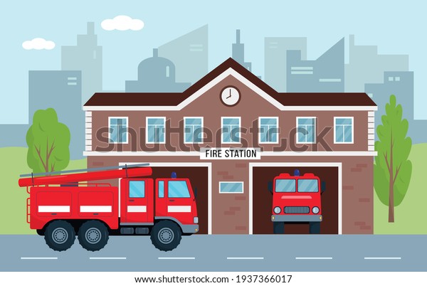 Fire station building with fire engines in\
city. Fire department house facade and red emergency vehicle.\
Emergency service concept. Vector\
illustration.