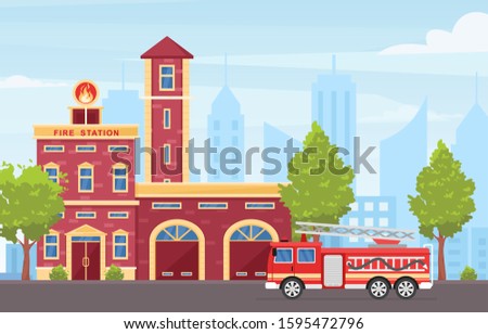 Fire station building exterior colorful flat vector illustration. Big red emergency vehicle with ladder and extinguishers. Firefighter engine truck on city road. Fire department house facade.