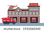 Fire station building exterior with fire engine trucks and helicopter. Fire department house facade and red emergency vehicle. Vector illustration isolated on white background.
