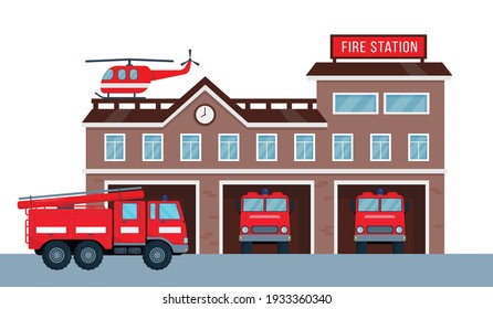 Fire station building exterior with fire engine trucks and helicopter. Fire department house facade and red emergency vehicle. Vector illustration isolated on white background.