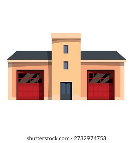 Fire station building exterior with two red garage doors and central tower, cartoon style vector illustration
