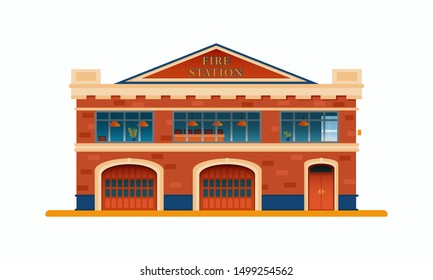 Fire station building facade isolated on white background.Set of elements for construction of urban and village landscapes. Vector illustration. Flat style.