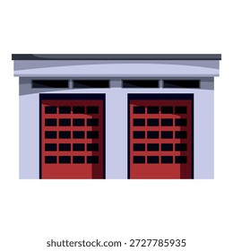 Fire station building facade with two closed red garage doors and small windows on top, representing emergency services and fire department preparedness