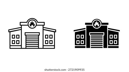 Conjunto de iconos del edificio de la estación de bomberos. Símbolo del Vector del edificio de la estación de bomberos en estilo negro lleno y delineado.