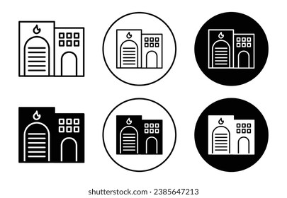 Fire station building icon vector. Firefighting department office building symbol set. Fire station service center or firehouse department building vector line logo. 