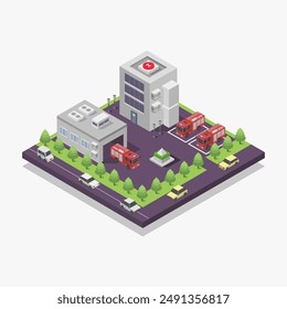 Fire station building isometric illustrated on background