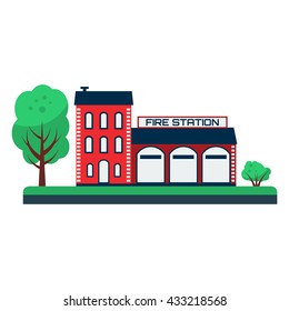 Fire station building sign icons with trees. Vector illustration. Flat design. 
