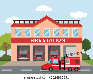 Fire station building with fire truck