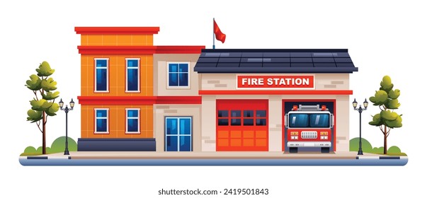 Fire station building with fire truck. Fire department office vector illustration isolated on white background