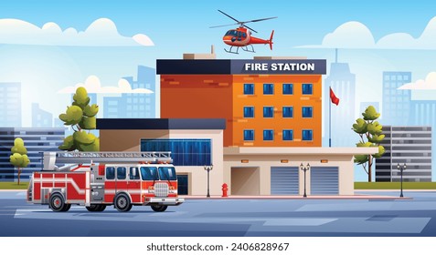 Fire station building with fire truck and helicopter on cityscape background. Fire department. City landscape vector cartoon illustration