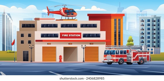 Fire station building with fire truck and helicopter on cityscape background. Fire department and city landscape vector cartoon illustration