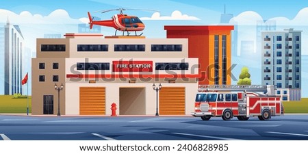 Fire station building with fire truck and helicopter on cityscape background. Fire department and city landscape vector cartoon illustration