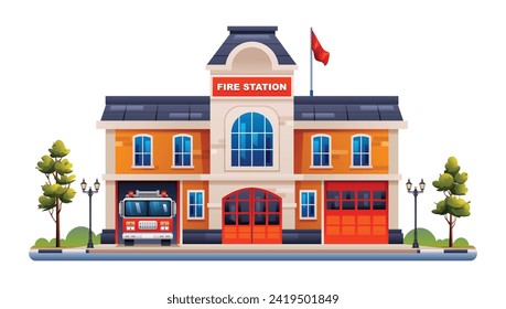 Edificio de una estación de bomberos con ilustración de un camión de bomberos. Vector de oficina del departamento de bomberos aislado en fondo blanco