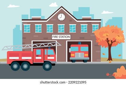 Fire station building with fire trucks in the city