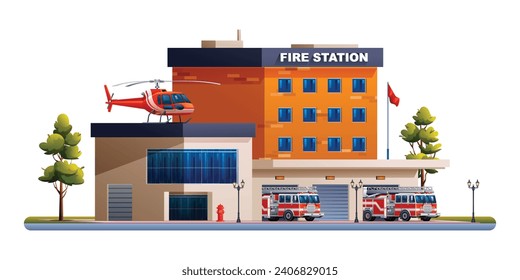 Edificio de una estación de bomberos con camiones y helicóptero. Ilustración de vectores de vehículos de bomberos